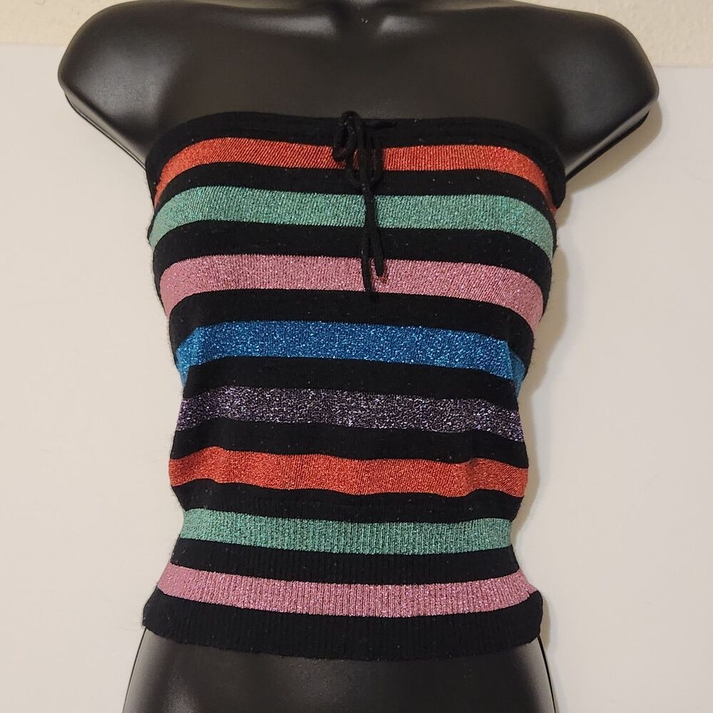 Vintage 90s Esprit Metallic Striped Neon Tube Top Xs rave retro bling bodycon